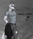 anthro belt blue_eyes bottomwear clothed clothing fur grey_background grey_markings holding_clothing holding_hoodie holding_object holding_topwear hole_in_pants hoodie male markings muscular muscular_male pants shirt simple_background solo speech_bubble standing t-shirt topwear white_body white_fur rooka canid canine canis mammal wolf absurd_res hi_res watermark