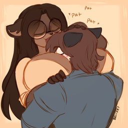 anthro big_breasts breasts brown_body brown_fur brown_hair duo eyes_closed eyewear female fur glasses hair head_between_breasts headpat hug huge_breasts long_hair male male/female short_hair simple_background sound_effects wearing_glasses ooo-belise-ooo american_opossum mammal marsupial procyonid raccoon virginia_opossum 1:1 hi_res