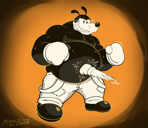 anthro belly big_belly black_body black_clothing black_footwear black_shoes boxing_gloves clothing footwear gut_punch handwear male moobs orange_background overalls overalls_down overweight overweight_male patch_(fabric) shoes simple_background smile solo white_boxing_gloves white_clothing white_handwear white_overalls mikethebatz bendy_and_the_ink_machine boris_the_friendly_wolf canid canine canis mammal wolf 2025 hi_res