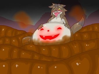 blush bodily_fluids curse evil_grin excessive_feces feces glowing glowing_markings hyper hyper_feces markings open_mouth overweight pooping scatplay smile solo sweat symbol tongue tongue_out yellow_eyes dlrowdog 4:3 hi_res