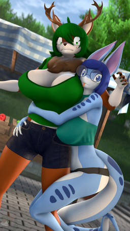 anthro antlers big_breasts blep bottomwear breasts buckteeth cleavage clothed clothing duo eyewear female forked_tongue glasses halter_top horn mature_female neck_tuft outside revamped_anthros shorts teeth tongue tongue_out tuft donglysfm tea_tree_(donglysfm) deer mammal reptile scalie snake 3d_(artwork) 4k absurd_res digital_media_(artwork) hi_res source_filmmaker_(artwork)