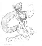 anthro bikini biped breasts cleavage clothed clothing ear_piercing facial_piercing female furgonomics furry-specific_piercing kneeling muzzle_piercing nose_piercing piercing septum_piercing skimpy solo spots swimwear tail two-piece_swimsuit patches_namaki sierra_starpaw felid jogauni leopard mammal pantherine monochrome