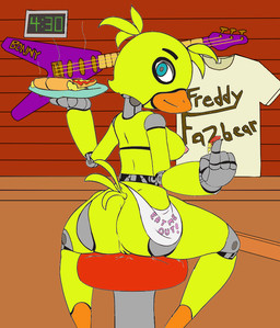 anthro anus beak bib big_breasts biped blue_eyes breasts clock clothing electric_guitar female food fur genitals guitar looking_at_viewer looking_back machine musical_instrument nipples non-mammal_breasts nude pizza plate plucked_string_instrument sitting solo string_instrument vulva yellow_body yellow_fur unknown_artist five_nights_at_freddy's scottgames chica_(fnaf) classic_chica_(fnaf) animatronic avian bird chicken galliform phasianid robot robot_anthro