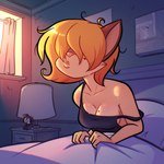 anthro bedhead breasts cleavage clothed clothing female hair hair_over_eye markings mole_(marking) mole_on_breast one_eye_obstructed solo under_covers waking_up psicoyote cassandra_(psicoyote) domestic_cat felid feline felis mammal 1:1 2022 hi_res