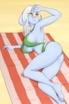 5_fingers 5_toes bikini bovid_horn breasts butt caprine_horn clothed clothing feet female fingers hair horn lying not_furry on_side ram_horn side_boob solo swimwear toes two-piece_swimsuit white_hair yellow_eyes skecchiart huniepop celeste_(huniepop) alien horned_humanoid humanoid 2017 2:3 absurd_res digital_media_(artwork) hi_res