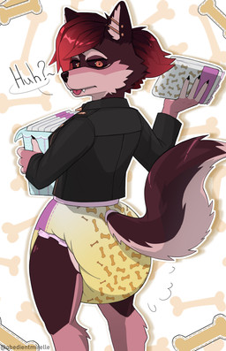 anthro bodily_fluids bone bottomwear box clothed clothing container dark diaper expressions fangs female fur genital_fluids hair holding_diaper jacket piercing short skirt smug solo tail tail_motion tailwag teeth tone topwear touching_diaper unclean_diaper urine used_diaper wearing wearing_diaper wet wet_diaper obedientmirelle absurd_res hi_res
