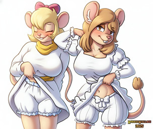 anthro blonde_hair bloomers bottomwear bow_(feature) breasts brown_eyes brown_hair clothing duo embarrassed exhibitionism female hair navel under_clothes underwear robbiewallace chinchilla chinchillid mammal mouse murid murine rat rodent hi_res