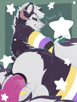 anal anal_penetration anal_tugging anthro anus arm_warmers armwear backsack balls black_body black_fur bodily_fluids butt cheek_tuft clothing cum cumshot curved_horn dialogue dildo dildo_in_ass dildo_insertion drooling ear_piercing ear_ring ejaculation elbow_gloves eyes_closed eyewear facial_piercing facial_tuft femboy feminine fluffy fluffy_tail fur genital_fluids genitals glasses gloves green_eyes hair handwear horn legwear lgbt_pride looking_back looking_pleasured male markings mostly_nude multicolored_body nonbinary_pride_colors nose_piercing nose_ring nude object_in_ass penetration piercing presenting presenting_anus presenting_hindquarters pride_colors puffy_anus ring_piercing saliva scar sex_toy sex_toy_in_ass sex_toy_insertion simple_background smile solo star stockings sweat sweatdrop tail teeth text text_box thigh_highs tongue tongue_out tuft two_tone_body wearing_glasses white_body white_fur retrobeastto mythology sydney_(mintstake) canid canid_demon canine demon hellhound hybrid mammal mephitid mythological_canine mythological_creature skunk 3:4 absurd_res digital_drawing_(artwork) digital_media_(artwork) hi_res lineless nonbinary_(lore)