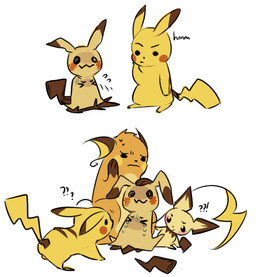 ambiguous_gender bodily_fluids evolutionary_family exclamation_point feral group interrobang on_model question_mark simple_background sweat sweatdrop teardrop tears text white_background snickerdoodles_(artist) nintendo pokemon generation_1_pokemon generation_2_pokemon generation_7_pokemon mammal mimikyu pichu pikachu pokemon_(species) raichu rodent 2016 english_text