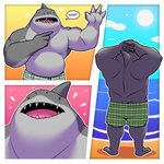 anthro beach belly biceps bottomwear clothing cloud fin grey_body male muscular muscular_anthro muscular_male open_mouth pecs seaside shorts slightly_chubby small_eyes solo sun teeth virdemis dc_comics suicide_squad king_shark fish marine shark 1:1 hi_res