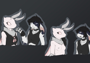 antennae_(anatomy) anthro areola black_clothing black_hair black_sclera black_shirt black_tank_top black_topwear blue_body blue_eyes blue_fur breasts choker clothed clothing duo eating eye_contact female fingerless_gloves fishnet_clothing fishnet_topwear fur gloves hair handwear insect_wings jewelry looking_at_another neck_tuft necklace nipples pink_eyes shirt short_hair simple_background small_breasts tank_top topless topwear tuft white_body white_fur wings sealer4258 madelynn_(sealer4258) melody_(sealer4258) arthropod insect lagomorph lepidopteran leporid mammal moth rabbit colored half-length_portrait hi_res portrait