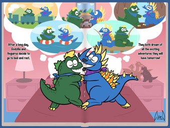 bed bodily_fluids book cave chibi claws dream duo electronics facial_hair facial_horn feral figurine fishing fishing_rod furniture gaming hand_holding head_crest horn inflatable inner_tube kerchief lamp male nose_horn on_bed outside picture_book sharp_teeth shell spikes spikes_(anatomy) sweat sweatdrop teeth television text thought_bubble toony train vehicle video_game_console water soul-silver-dragon godzilla_(series) godzillaland toho anguirus godzilla luckyboy_(character) vectordragon ankylosaurian ankylosaurid ankylosaurus dinosaur kaiju monster ornithischian prehistoric_species reptile scalie thyreophoran english_text hi_res