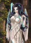 anthro areola beak black_hair blue_areola blue_eyes blue_nipples breasts clothed clothing eyebrows eyelashes female hair nipples non-mammal_breasts smile solo elvofirida bubi avian bird 2022 digital_media_(artwork) hi_res