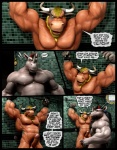 3d_(artwork) abs anthro balls beard biceps big_balls big_muscles black_hair blonde_hair bodily_fluids bound bovid bovine braford butt cattle chuck_(braford) comic dialogue digital_media_(artwork) dominant dominant_male dozer_(braford) duo english_text erection facial_hair foreskin genital_fluids genitals hair horn humanoid_genitalia humanoid_penis male male/male mammal mohawk muscular muscular_male nipples nude partially_retracted_foreskin pecs penis precum red_hair rhinoceros sex submissive submissive_male text