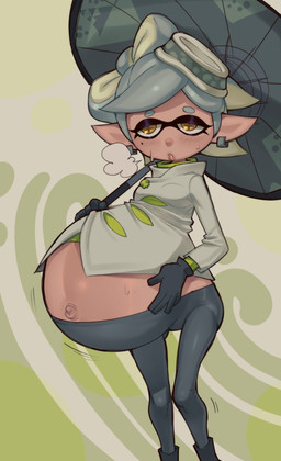 belly big_belly clothing female gloves grey_hair hair handwear pregnant pregnant_female solo umbrella yellow_eyes hellbrain nintendo splatoon marie_(splatoon) aquatic cephalopod inkling mollusk 2025 hi_res