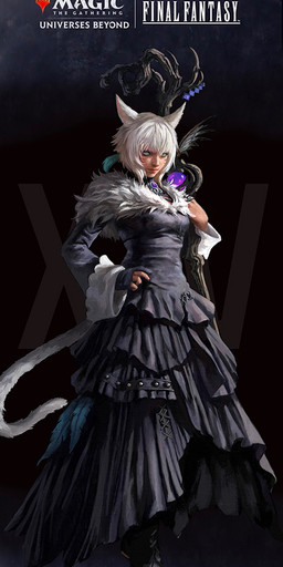 black_clothing black_dress breasts choker clothing dress female fingers footwear hair hand_on_hip holding_object holding_staff jewelry looking_at_viewer necklace shoes simple_background solo staff tail text white_hair magali_villeneuve final_fantasy final_fantasy_xiv final_fantasy_xiv_(legacy) hasbro magic:_the_gathering square_enix wizards_of_the_coast y'shtola_rhul felid feline humanoid mammal miqo'te english_text official_art