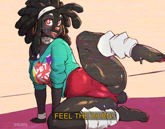 anthro athletic_wear barefoot black_body black_hair blush bodily_fluids breasts camel_toe claws clothing collar dancewear dialogue ear_piercing ear_ring exercise feet female fitness hair inside leg_warmers legwear leotard looking_at_viewer open_mouth open_smile piercing ring_piercing smile solo spread_legs spreading sweat text toe_claws toes inu-sama aryn_(inu-sama) canid canine canis domestic_dog mammal 2021 english_text hi_res