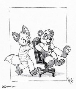 anthro barefoot bottomwear chair cheek_tuft clothed clothing facial_tuft fangs feet furniture glistening glistening_eyes head_tuft logo male office_chair open_mouth open_smile pants playful shirt smile solo t-shirt teeth topwear tuft young young_anthro young_male pandapaco art_(pandapaco) biro_(pandapaco) canid canine mammal procyonid raccoon artist_logo monochrome signature sketch