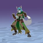 anthro blue_hair cloak clothing druid female fighting_pose fur grey_body grey_fur hair magic_user monk pose robe solo tribal_spellcaster tnargraef nikorokumitsero rei_kisaragi canid canine fox mammal 1:1 hi_res