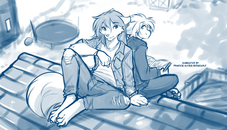 anthro back_to_back barefoot biped bottomwear claws clothed clothed_anthro clothed_female clothed_male clothing digitigrade duo feet female fingers fully_clothed fully_clothed_anthro fully_clothed_female fully_clothed_male fur hair holding_object hoodie looking_at_another looking_at_viewer looking_back looking_back_at_another male on_roof pants pawpads sitting smile tail toe_claws toes topwear torn_bottomwear torn_clothing torn_pants conditional_dnp tom_fischbach twokinds keith_keiser natani basitin canid canine canis keidran mammal wolf 2026 7:4 blue_and_white digital_drawing_(artwork) digital_media_(artwork) hi_res monochrome sketch trans_(lore) trans_man_(lore)