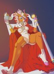 anthro antlers badass_woman blue_eyes breasts cape chair clothed clothing cloved crown female fur furniture genitals hair headgear holding_object hooves horn looking_at_viewer nipples nude orange_body partially_clothed pink_hair pink_hooves pink_nose pussy queen red_cape red_clothing royalty simple_background sitting smile solo staff throne throne_room white_body aleks_pakaralex lexi_cerv cervine deer mammal absurd_res digital_media_(artwork) hi_res