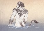 anthro biped butt fangs fur male multicolored_body multicolored_fur nude partially_submerged solo standing_in_water tail tail_tuft teeth tuft two_tone_body two_tone_fur s_anima final_fantasy final_fantasy_xiv square_enix felid feline hrothgar mammal hi_res