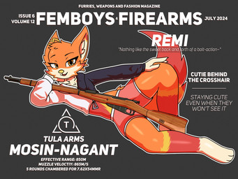 anthro bottomwear clothing eyelashes femboy fur grey_background gun hotpants inner_ear_fluff lying male male_anthro mosin-nagant on_side orange_body orange_fur pose ranged_weapon rifle shorts simple_background solo text tuft weapon marcus_gray femboys_and_firearms canid canine fox mammal 2024 4:3 cover english_text hi_res magazine_cover