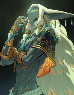 3_eyes abs anklet anthro black_background bracelet claws clothing collar dark_body dark_fur ear_piercing ear_ring exposed_belly facial_markings fur hair head_markings horn jewelry long_hair looking_at_viewer male markings multi_eye necklace piercing ring ring_piercing simple_background skinny skinny_male solo white_hair 2kgjnbg junengbingxiang nintendo tears_of_the_kingdom the_legend_of_zelda rauru_(tears_of_the_kingdom) zonai 2023 hi_res portrait three-quarter_portrait