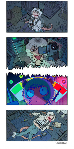 5_fingers 5_toes ambiguous_gender backpack bangs barefoot bed bible_(object) biped black_clothing black_ears black_eyebrows black_eyes black_shirt black_topwear book breasts brown_inner_ear camera chair clothed clothed_female clothed_humanoid clothing container cross cross_necklace cup curtains dipstick_ears doormat dress dresser duo ear_markings emf_reader eyebrow_through_hair eyebrows feet female female_focus female_humanoid fingers footwear furniture ghost_hunting grey_backpack grey_body grey_skin hair hairless_tail half-closed_eyes haunted_house holding_camera holding_emf_reader holding_object holding_video_camera humanoid_feet inside jacket jewelry long_sleeves midriff mouth_closed mug multicolored_clothing multicolored_ears multicolored_shirt multicolored_topwear narrowed_eyes navel necklace on_ground open_book open_clothing open_jacket open_topwear ouija_board painting_(object) pattern_clothing pattern_shirt pattern_topwear pillow pink_ear_tips pink_ears pink_tail pink_tongue planchette plantigrade playing_dead rug scared sharp_teeth shirt shoes short_hair sneakers solo_focus spider_web standing striped_clothing striped_shirt striped_topwear stripes table tail teeth toes tongue tongue_out topwear translucent translucent_hair two_tone_clothing two_tone_ears two_tone_shirt two_tone_topwear uvula video_camera wardrobe white_clothing white_dress white_eyebrows white_footwear white_hair white_jacket white_shirt white_shoes white_topwear wide_eyed sparrowl seo_nang american_opossum american_opossum_humanoid animal_humanoid humanoid mammal mammal_humanoid marsupial marsupial_humanoid absurd_res comic hi_res signature