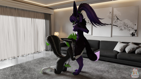 anthro black_body black_fur duo female fur green_body green_fur green_hair hair male male/female masturbation oral purple_body purple_fur scent_play wuffkitty feyyore ventus_the_sox canid canine canis fox hybrid jackal mammal mephitid skunk 16:9 hi_res widescreen