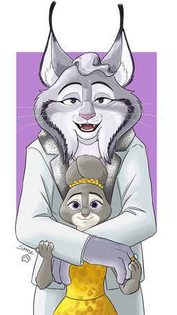 4_fingers anthro arms_around_partner clothing dress duo female fingers flower_accessory green_eyes holding_arm holding_finger holding_partner paws purple_eyes ring shippings wearing_ring white_tuxedo yellow_clothing yellow_dress some_(someone) disney zootopia judy_hopps kitty_lynxley canada_lynx european_rabbit felid feline lagomorph leporid lynx mammal oryctolagus rabbit 9:16 hi_res