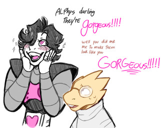 anthro blush clothing dialogue duo eyewear female femboy glasses heart_eyes heart_symbol machine male simple_background smile text white_background toddnet undertale undertale_(series) alphys mettaton mettaton_ex android humanoid lizard reptile robot robot_humanoid scalie 2015 english_text