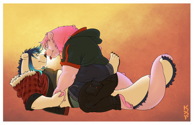 anthro blep border clothing duo entwined_tails hoodie kneeling looking_at_another lying male male/male on_back overweight overweight_anthro overweight_male shirt side_view smile tail tail_coil tongue tongue_out topwear underwear white_border kronexfire mythology krone_(kronexfire) bear dragon hybrid mammal mythological_creature mythological_scalie scalie 2023 hi_res