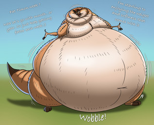 anthro belly big_belly dialogue fur half-closed_eyes male morbidly_obese morbidly_obese_anthro morbidly_obese_male narrowed_eyes navel nude obese obese_anthro obese_male open_mouth overweight overweight_anthro overweight_male paws smile solo spread_arms standing tail teeth text thick_tail thick_thighs tongue ian-exe disney the_lion_king timon herpestid mammal meerkat 2025 hi_res signature