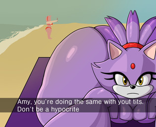 anthro ass_up beach beach_towel bent_over big_breasts big_butt bikini breasts butt clothing duo female forehead_gem gem hair huge_butt huge_hips misspelling orange_eyes pink_body ponytail purple_body selfie swimwear text towel two-piece_swimsuit wide_hips yiomotwt sega sonic_the_hedgehog_(series) amy_rose blaze_the_cat domestic_cat eulipotyphlan felid feline felis hedgehog mammal 2026 english_text hi_res