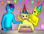 anthro balloon birthday_cake cake candle clothing dessert flag food group hat headgear headwear horn inflatable male smile trio apocheck13 conditional_dnp hasbro my_little_pony mythology flash_gordon equid equine horse mammal mythological_creature mythological_equine pony unicorn