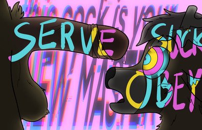 anthro antlers backlighting ball_tuft balls big_penis bodily_fluids body_writing brainwashing dripping duo ears_down fixation foreground_silhouette furry_balls genital_fluids genitals hair horn humanoid_genitalia humanoid_penis hypnosis hypnotic_penis imminent_oral imminent_sex leaking_precum light male male/male mind_control open_mouth penis pink_hair pivoted_ears precum precum_drip pubes ringed_eyes screen side_view silhouette text text_background tuft robinhypnotized q_(lynx) robin_(robinhypnotized) deer felid feline lynx mammal english_text hi_res lighting