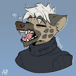 anthro bodily_fluids bubble clothing ears_back eyes_closed hair male open_mouth pivoted_ears solo sweater tears teeth teeth_showing tongue topwear white_hair yawn yawning_position mawkvlt kolya_yeen_(mawkvlt) hyena mammal 1:1 hi_res