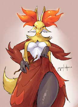 anthro breasts claws clothed clothing clothing_lift dress dress_lift female female_anthro fur fur_clothing inner_ear_fluff looking_aside medium_breasts orange_body orange_fur pink_background pupils red_body red_fur simple_background slit_pupils solo stick thick_thighs tuft white_body white_fur yellow_body yellow_fur parabellux nintendo pokemon canid delphox generation_6_pokemon mammal pokemon_(species) 2024 absurd_res hi_res signature