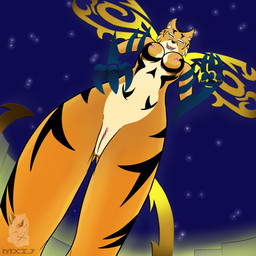 breasts building claws female genitals lights multicolored_body night nipples orange_body pose smile solo star tail two_tone_body vulva mxij mitsuki_konishi felid humanoid mammal noise_(the_world_ends_with_you) pantherine tiger 1:1 colored digital_drawing_(artwork) digital_media_(artwork) hi_res