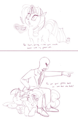 clothing dialogue eyelashes eyewear footwear gesture glasses half-closed_eyes hand_gesture horn narrowed_eyes pointing shoes simple_background sitting_on_another smile suit telekinesis text white_background anonymous_artist friendship_is_magic hasbro my_little_pony mythology anon pinkie_pie_(mlp) rarity_(mlp) twilight_sparkle_(mlp) equid equine horse human mammal mythological_creature mythological_equine pony unicorn 2020 absurd_res comic english_text hi_res line_art monochrome