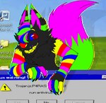 black_body black_fur blue_body blue_fur blue_sclera claws dialogue_box fangs fur green_body green_fur multicolored_body multicolored_fur pink_body pink_fur pink_inner_ear rainbow_body rainbow_fur red_body red_eyes red_fur screencap screencap_background solo sparklefur striped_body striped_fur stripes teeth webcore window_(computing) yellow_body yellow_fur yellow_teeth silveryellowtail microsoft microsoft_windows canid canine canis computer_virus_(species) digital_creature mammal wolf colorful_theme hi_res