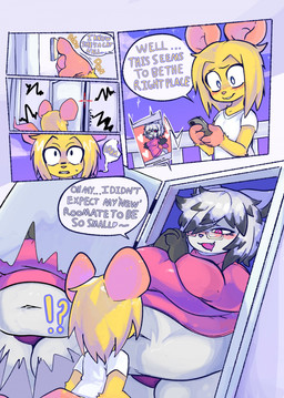 anthro belly breasts clothing duo female fur grey_body grey_fur male overweight pink_clothing pink_shirt pink_topwear shirt speech_bubble text topwear yellow_body yellow_fur gummyfruitcup domestic_cat felid feline felis mammal mouse murid murine rodent 2025 comic english_text hi_res