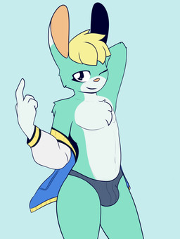 anthro bulge clothing eyelashes femboy jacket looking_at_viewer male mostly_nude solo topwear underwear undressing mr_rottson animal_crossing nintendo sasha_(animal_crossing) lagomorph leporid mammal rabbit hi_res