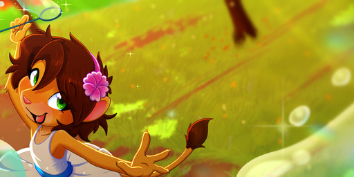4_fingers accessory anthro banner blurred_background brown_hair bubble clothed clothing day detailed_background dress female fingers fur grass green_eyes hair hair_accessory happy light nature nature_background orange_body orange_fur plant playful playing solo sunlight text tree young young_anthro young_female piporete keiko_sakmat felid feline lion mammal pantherine 2026 absurd_res digital_drawing_(artwork) digital_media_(artwork) digital_painting_(artwork) hi_res long_image painting_(artwork) signature url wide_image