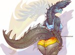 anthro black_body black_scales breasts butt claws clothed clothing female horn looking_at_viewer rear_view scales solo tail text lluisabadias capcom monster_hunter mythology alatreon dragon elder_dragon mythological_creature mythological_scalie scalie absurd_res hi_res