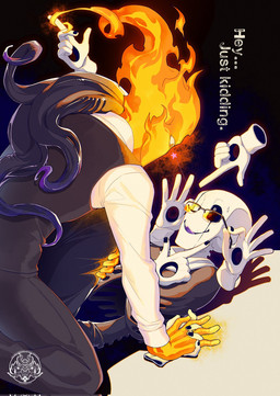 ambiguous_gender black_body black_bottomwear black_clothing black_markings black_nails black_pants black_sclera black_tentacles black_topwear black_vest bone bottomwear clothing collared_shirt colored_nails dialogue duo eye_contact eyewear facial_markings fire glasses hand_holding hand_on_body head_markings holding_eyewear holding_glasses holding_object hole_in_hand kneeling long_sleeve_shirt long_sleeves looking_at_another looming looming_over lying male male/ambiguous markings multi_hand nails not_furry on_back one_eye_closed orange_body orange_eyes pants pupils purple_tongue rib_cage shirt skeleton smile spiral_pupils tentacles text tongue tongue_out topwear vest white_clothing white_pupils white_shirt white_topwear reignbeaux13 undertale undertale_(series) gaster grillby animated_skeleton elemental_creature elemental_humanoid fire_creature fire_humanoid humanoid undead 2024 digital_media_(artwork) english_text hi_res watermark male_(lore)