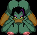 2022 anatid anseriform anthro areola ass_up avian big_breasts big_butt bird black_background black_hair breasts butt disney duck ducktales ducktales_(2017) eyeshadow feathers female green_body green_feathers hair hi_res highlights_(coloring) huge_breasts looking_at_viewer lordstevie magica_de_spell makeup nipples nude pink_areola pink_nipples purple_eyeshadow purple_highlights short_hair simple_background smile solo thick_thighs wide_hips yellow_eyes yellow_sclera