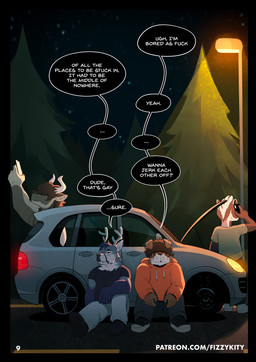 anthro antlers car cellphone clothed clothed_anthro clothed_male clothing electronics forest group hair hair_over_eyes headlight hoodie horn male male/male night phone phone_call plant profanity sky star starry_sky street_lamp stuck text topwear tree vehicle fizzykity drew_(fizzykity) bovid bovine canid canine canis cattle deer domestic_dog mammal absurd_res english_text hi_res url