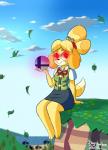 anthro biped blonde_hair bottomwear clothed clothing cloud female glowing glowing_eyes hair monotone_bottomwear monotone_clothing monotone_skirt outside pencil_skirt sitting skirt sky smash_ball smile solo ikaribunbun animal_crossing nintendo super_smash_bros. isabelle_(animal_crossing) canid canine canis domestic_dog mammal shih_tzu toy_dog 2018 digital_media_(artwork) hi_res